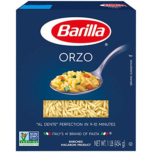 Barilla Orzo pasta served in a bowl, ideal for salads and soups.