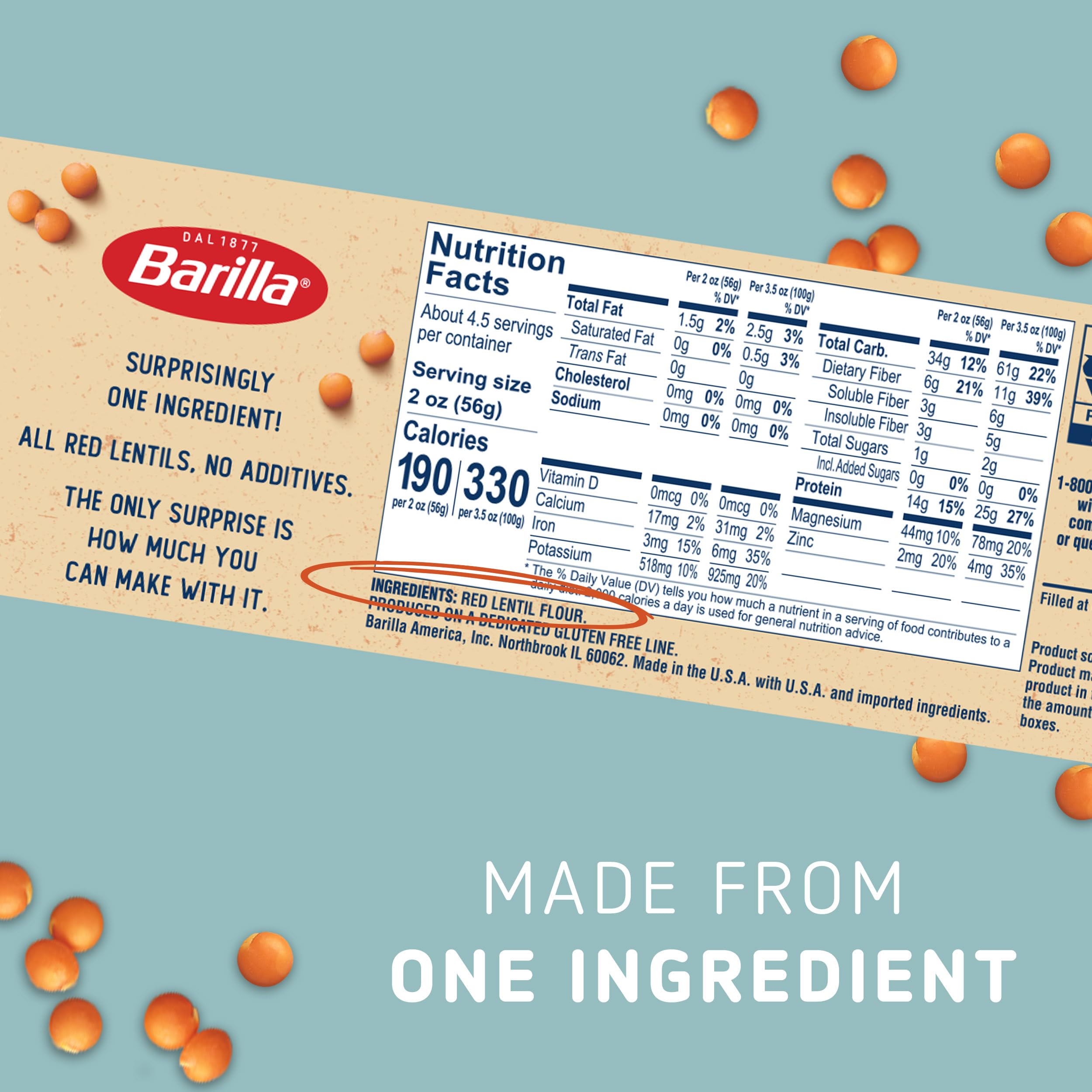 Barilla red lentil pasta used as a salad base in a bright bowl.