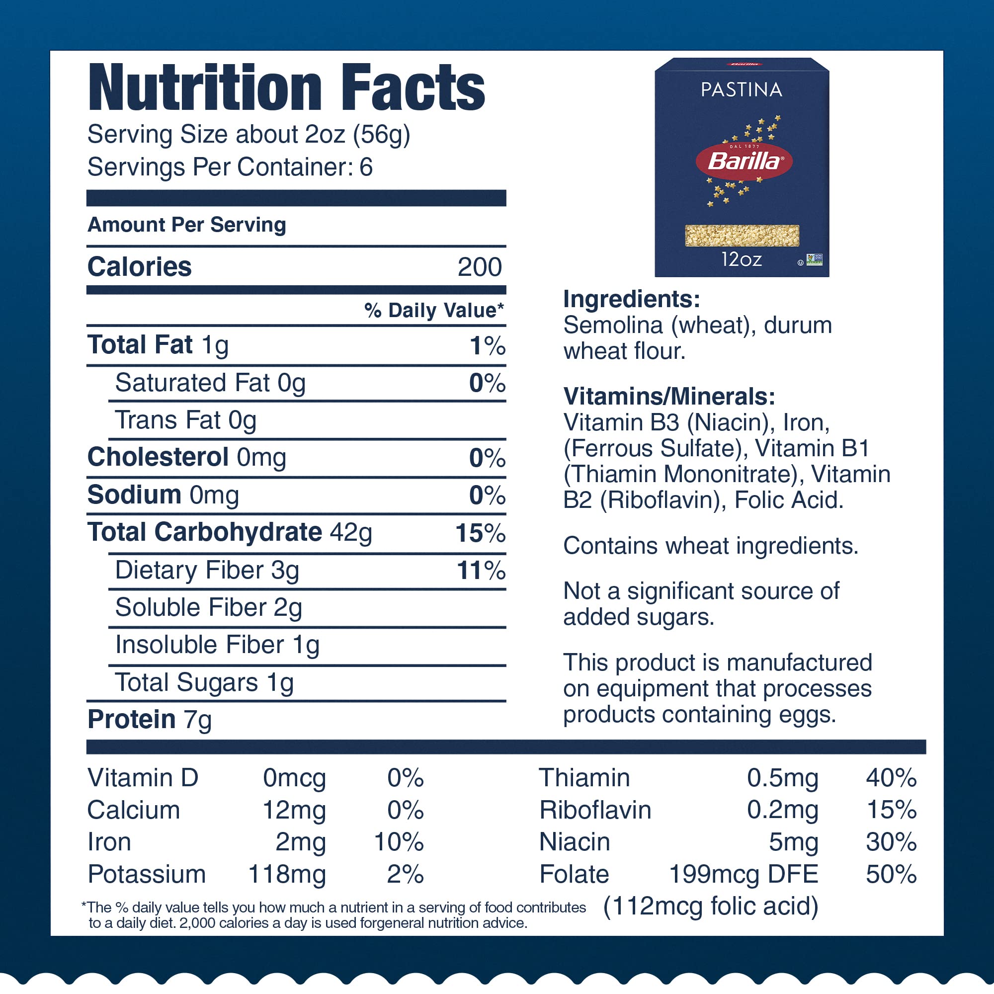Close-up of Barilla Pastina showing 100% durum wheat quality