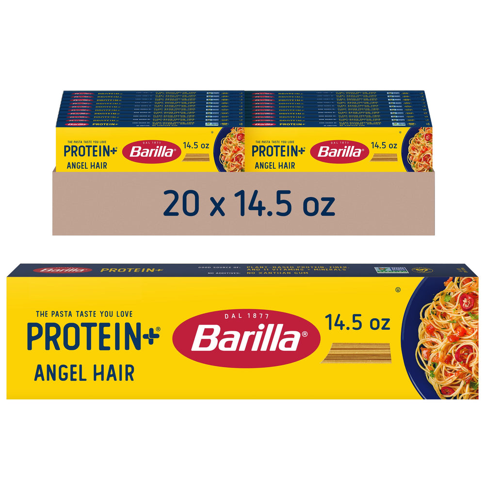 Barilla Protein+ Angel Hair Pasta box showing packaging and brand trust with protein boost
