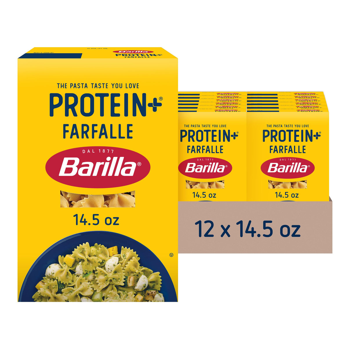 Barilla Protein+ Farfalle box highlighting plant-based protein for family meals