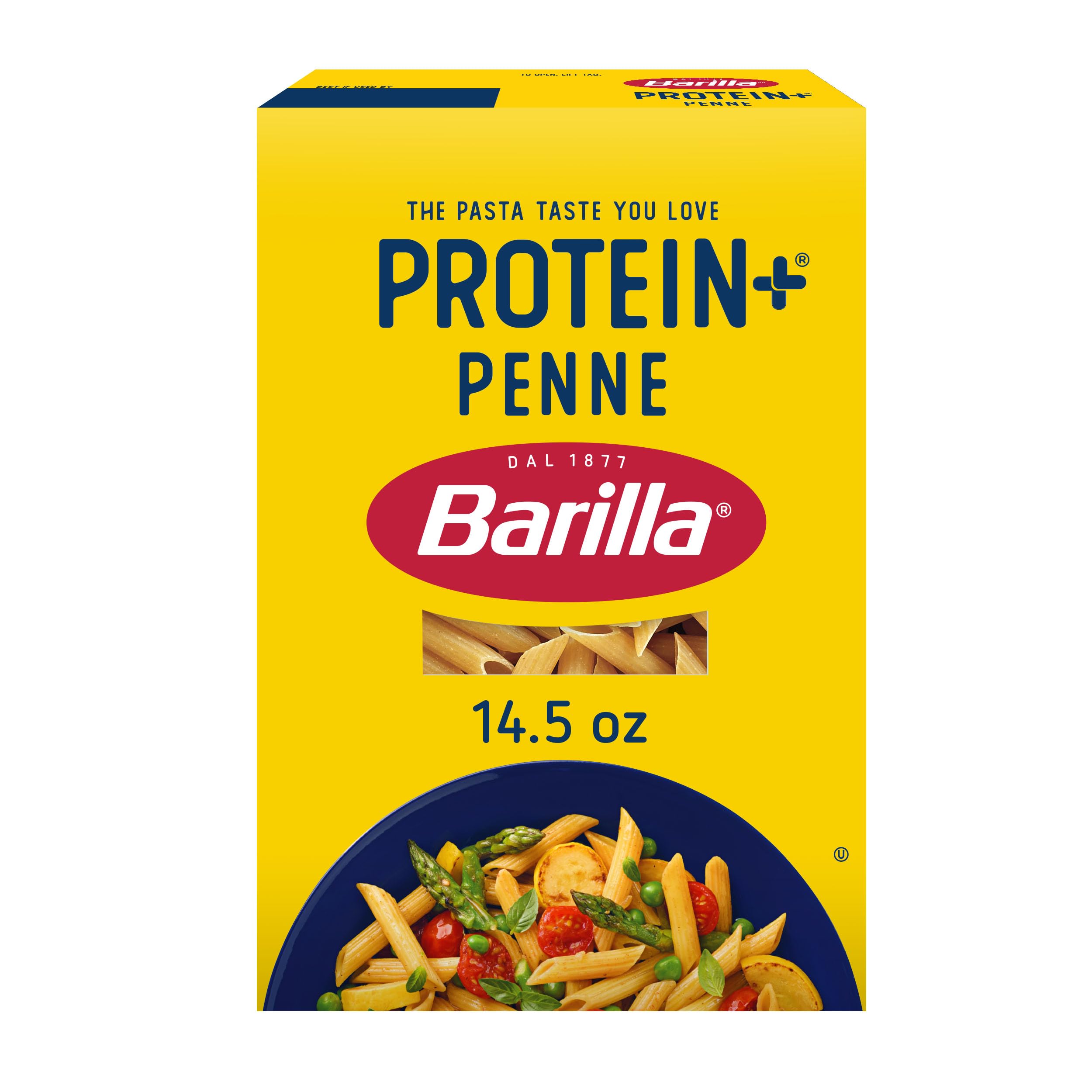 Barilla Protein+ Penne Pasta box front highlighting protein-rich pasta