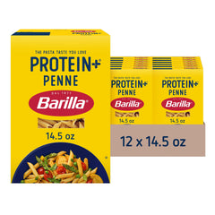Barilla Protein+ Plus Penne Pasta box, a plant-based protein option for family meals.
