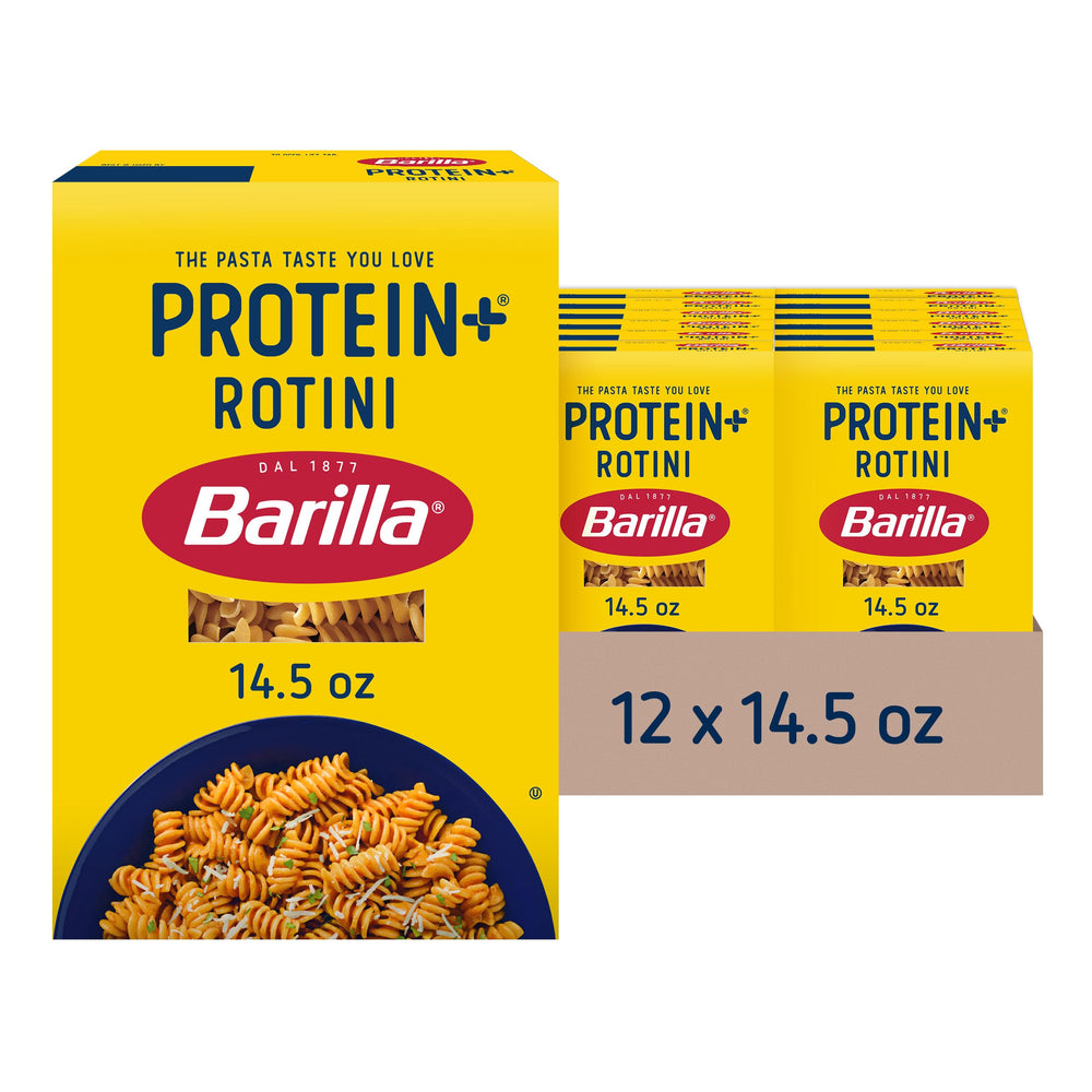 Barilla Protein+ Rotini pasta box shows plant-based protein for family meals.