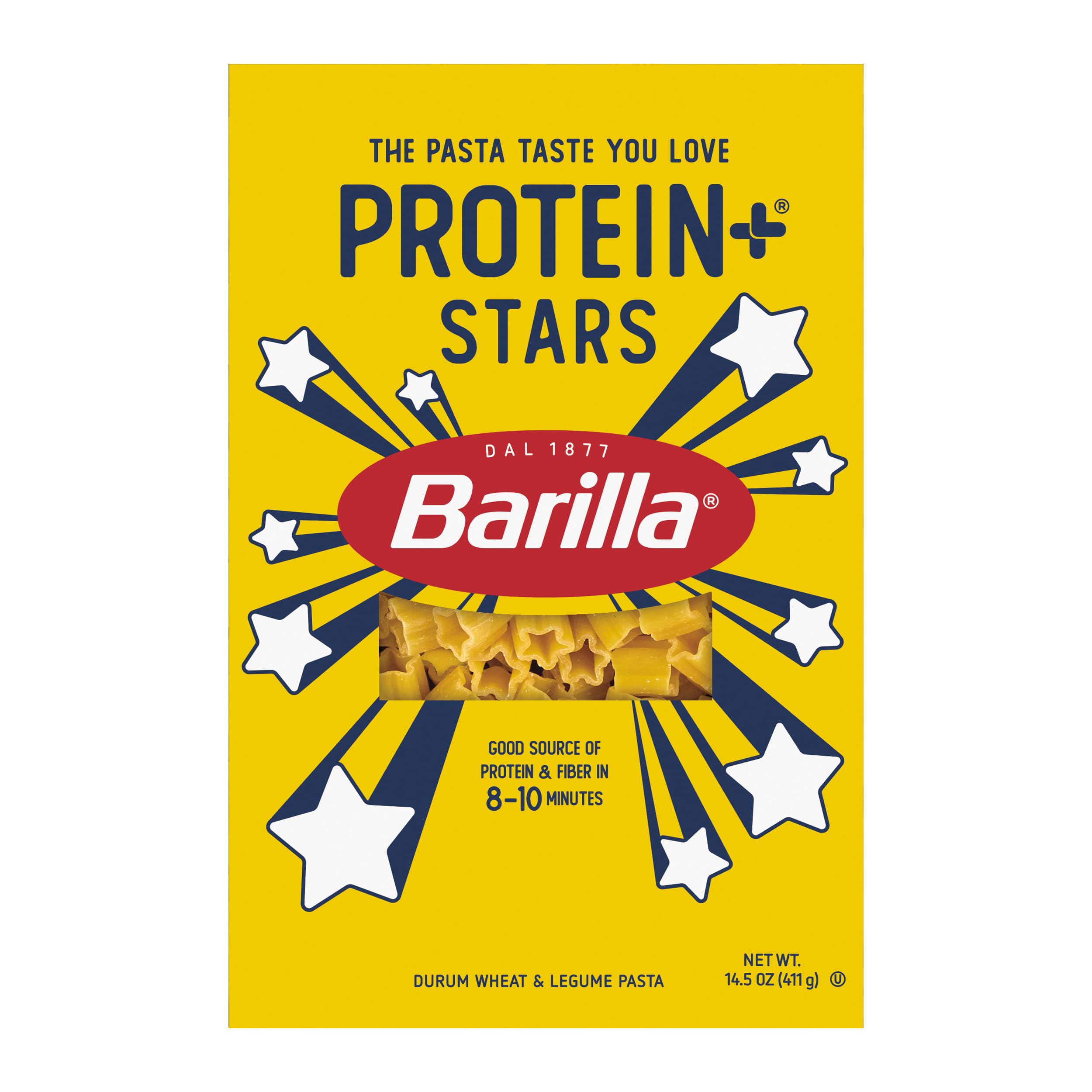 Barilla Protein+ Stars pasta plated with marinara shows versatile sauce options.