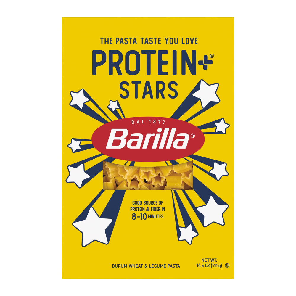 Barilla Protein+ Stars pasta plated with marinara shows versatile sauce options.