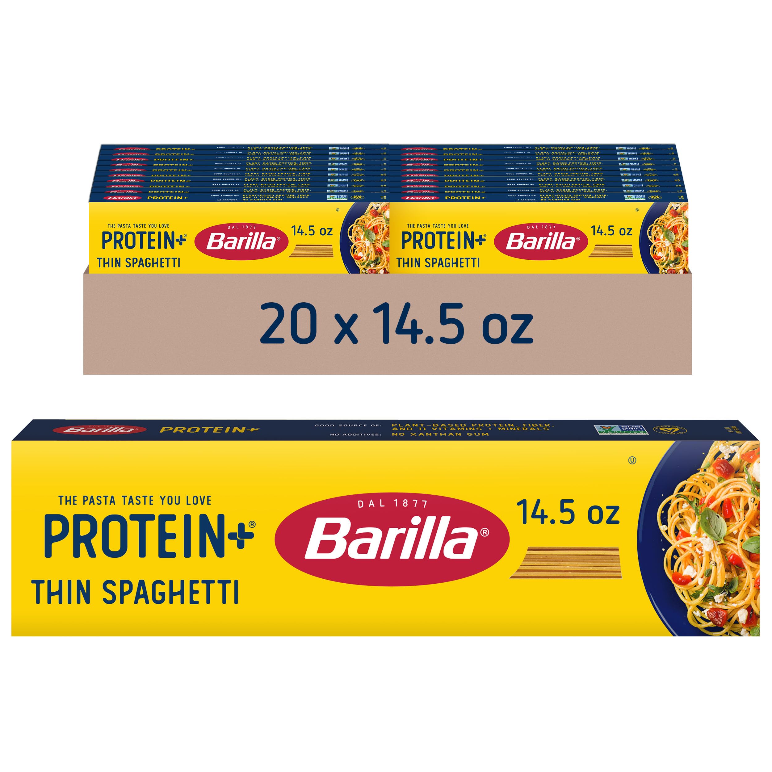 Barilla Protein Plus Thin Spaghetti pack front highlighting plant-based protein for family meals.