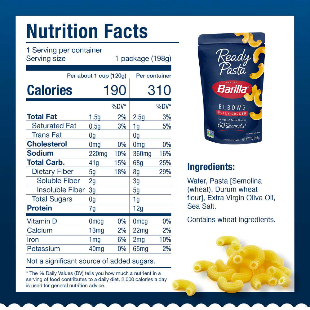 Barilla Ready Pasta elbows microwaves in 60 seconds for fast meals.