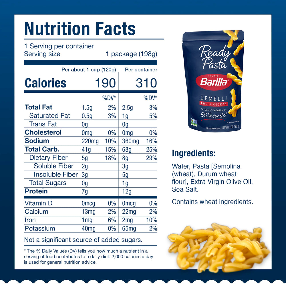 Barilla Ready Pasta Gemelli plated with sauce offers fast, comforting lunch or dinner.