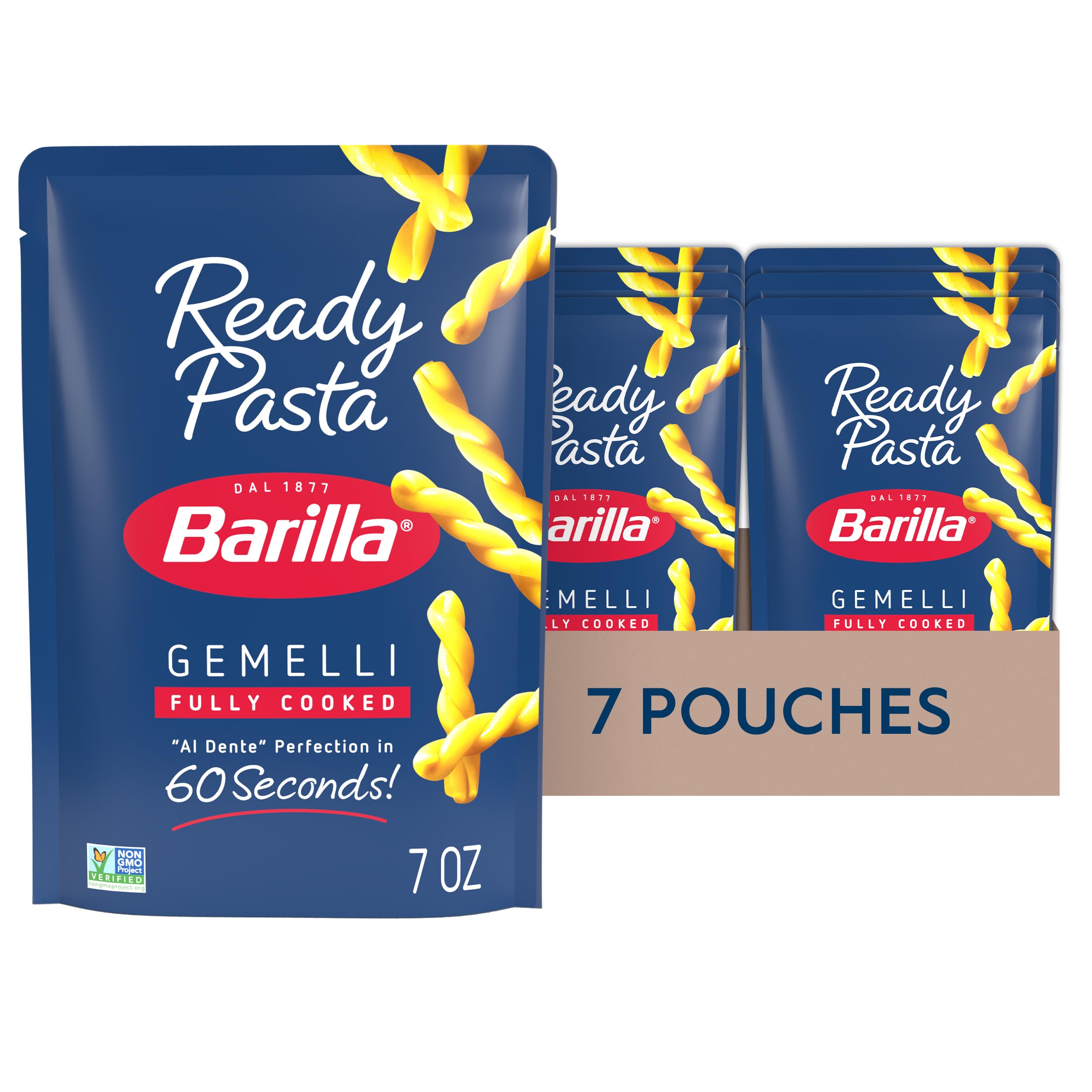 Barilla Ready Pasta Gemelli pouch heats in 60 seconds for quick weeknight meals.