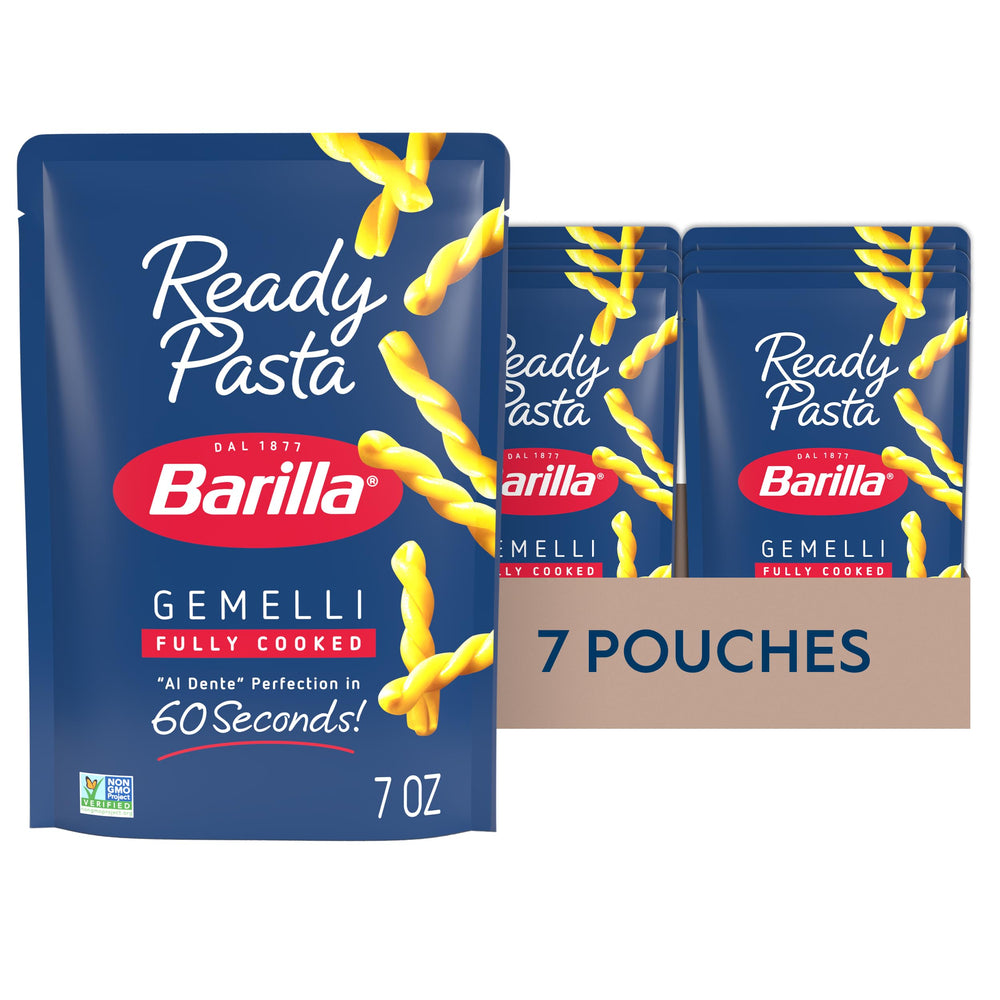 Barilla Ready Pasta Gemelli pouch heats in 60 seconds for quick weeknight meals.
