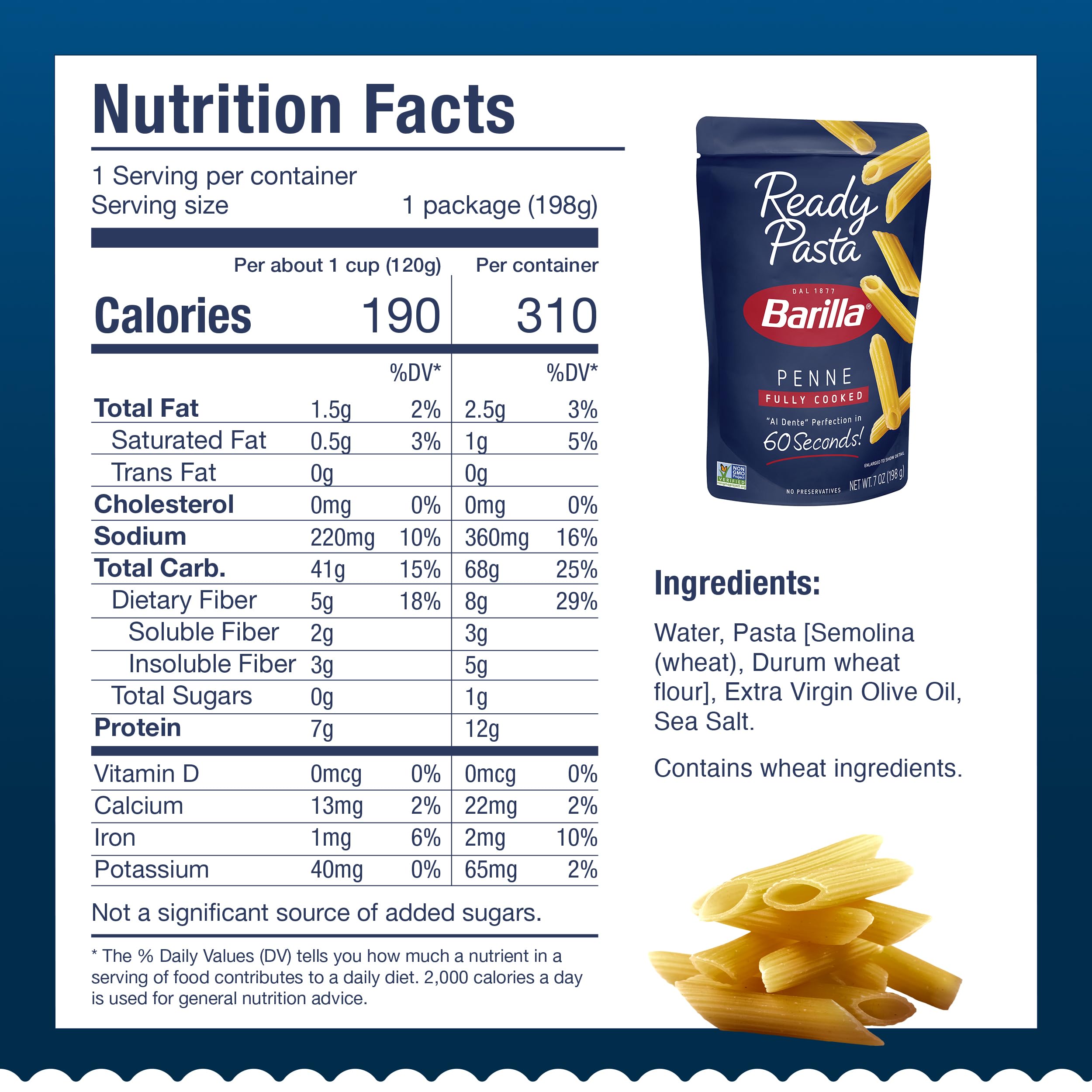 Barilla Ready Pasta Penne pouch, 7-ounce portion for convenient meals.