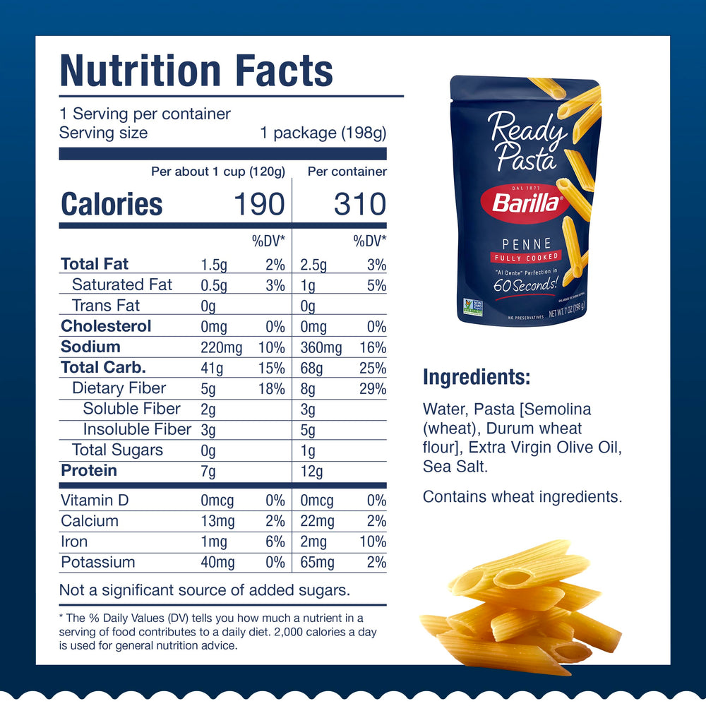 Barilla Ready Pasta Penne pouch, 7-ounce portion for convenient meals.