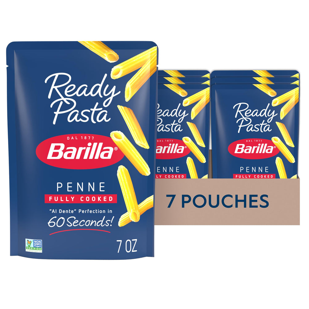 Barilla Ready Pasta penne pouch on the counter for a quick meal.