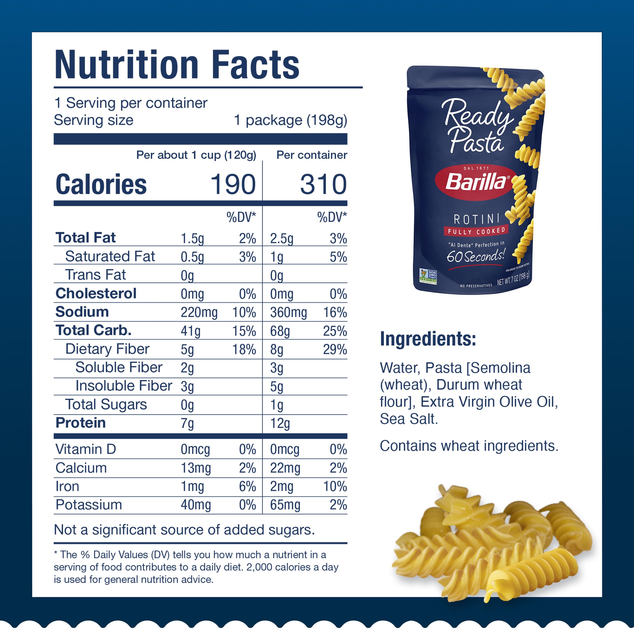 Barilla Ready Pasta Rotini pouch opened showing convenient packaging.