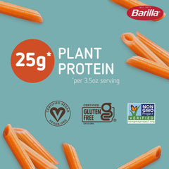 Barilla red lentil penne pasta cooked and twirled, protein-rich meal idea.