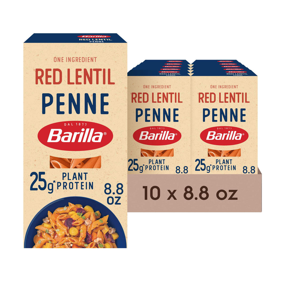Barilla red lentil penne pasta pack on shelf, gluten-free option.