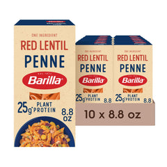 Barilla red lentil penne pasta pack on shelf, gluten-free option.