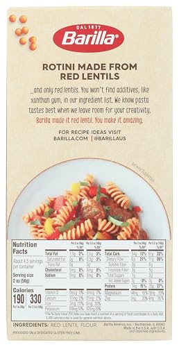 Barilla Red Lentil Rotini plated with sauce highlighting its fiber-rich meal