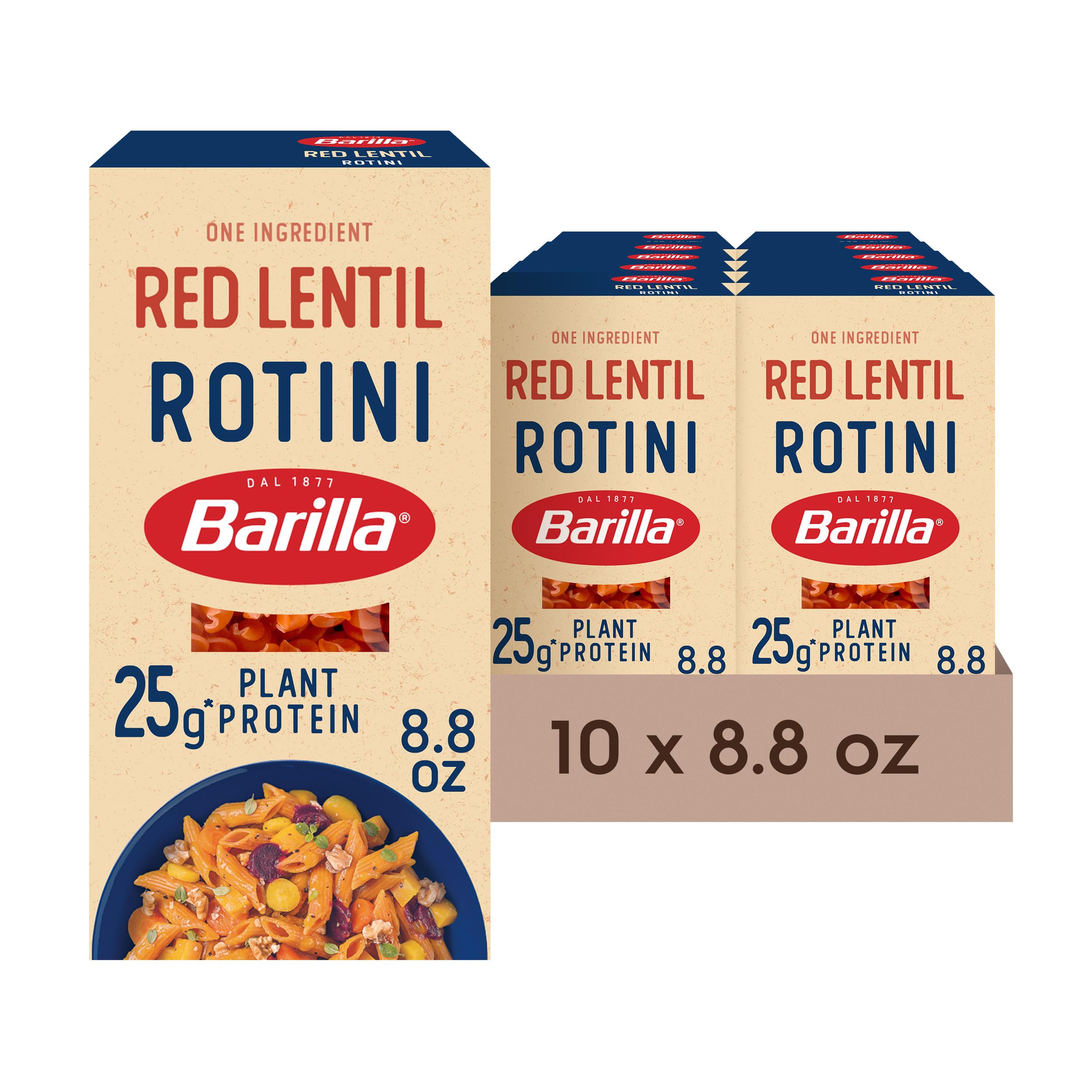 Barilla Red Lentil Rotini box close-up highlighting single-ingredient lentil flour and gluten-free pasta.