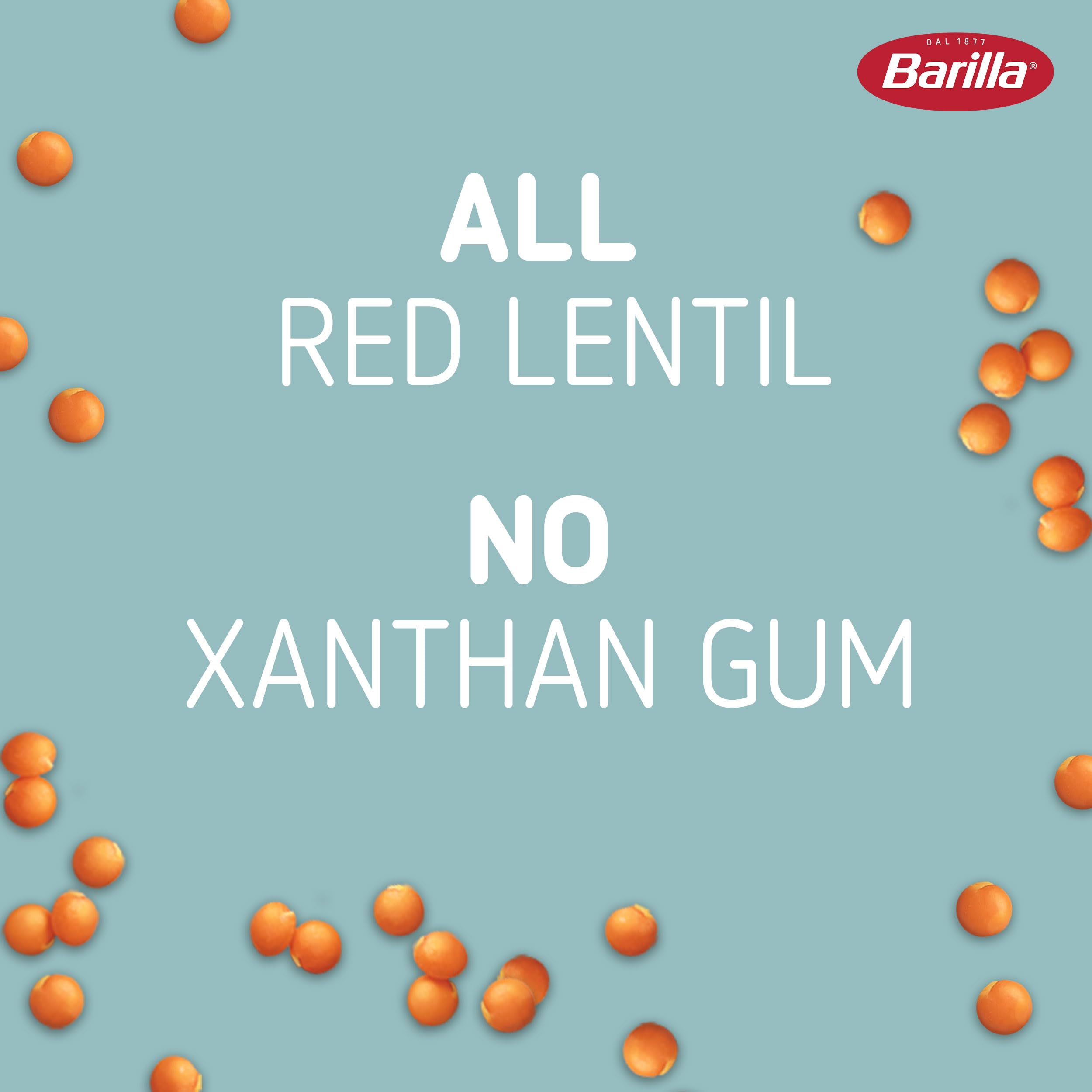 Barilla Red Lentil Rotini pack of 10 shown in pantry box.