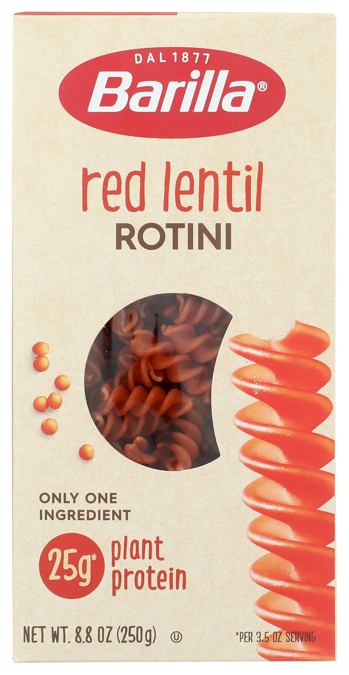 Barilla Red Lentil Rotini pasta in package, ready for a protein-rich meal