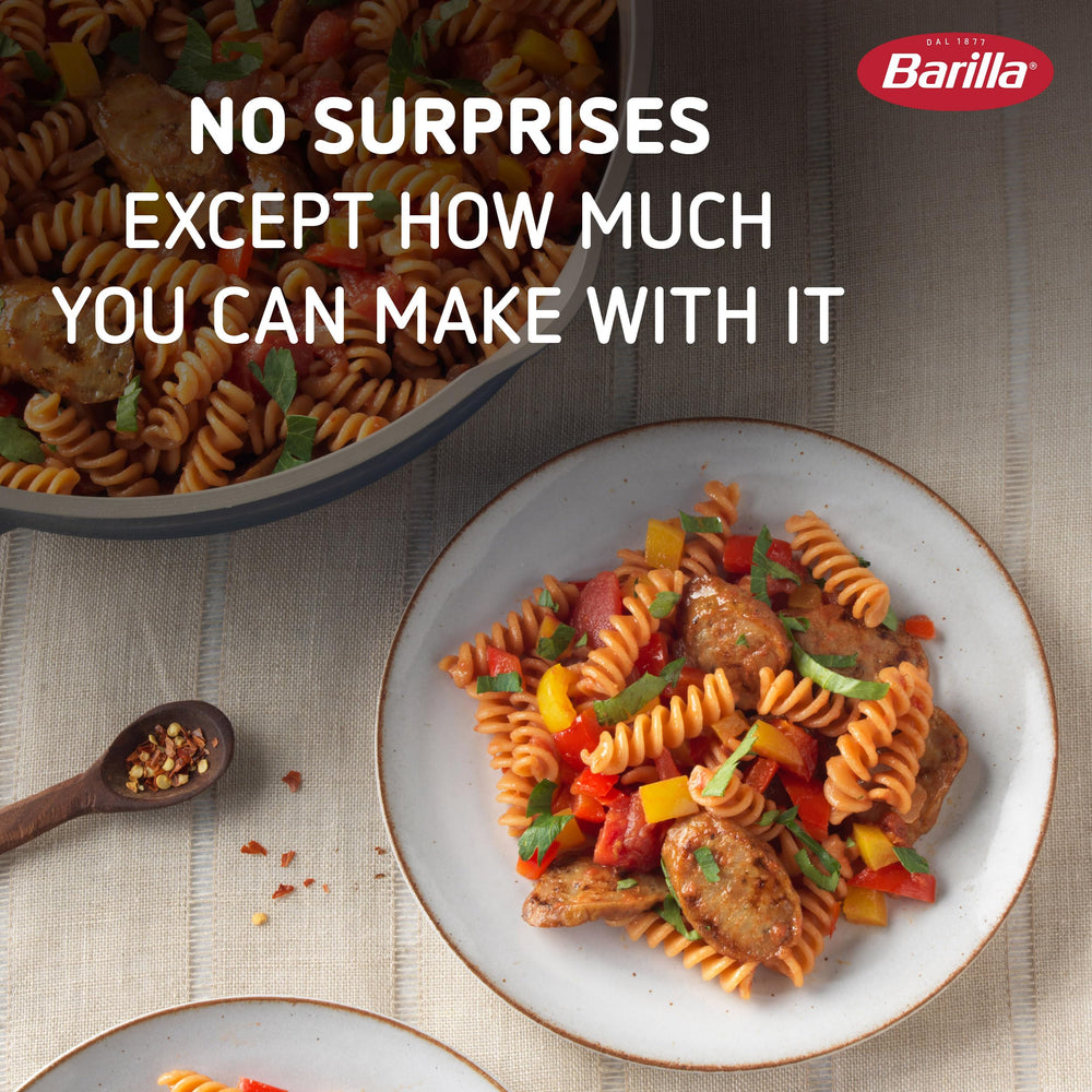 Served Barilla Red Lentil Rotini plated with tomato sauce on a plate.