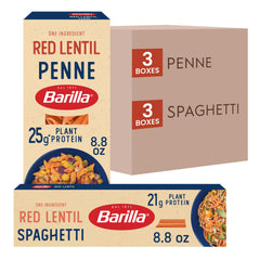 Barilla red lentil spaghetti pasta in a plated dish showing plant-based protein.