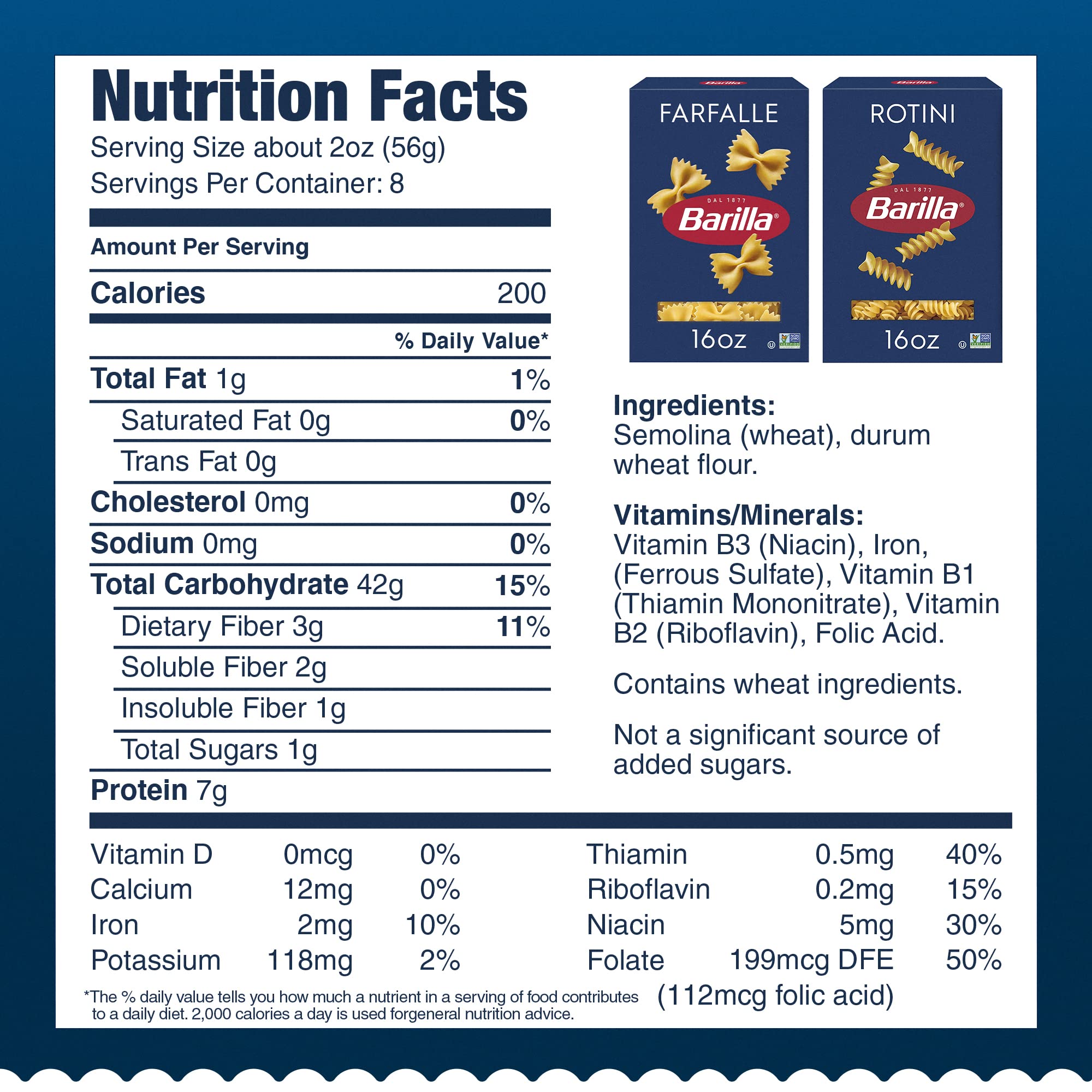 Barilla rotini pasta box front highlighting twist shape for sauces.