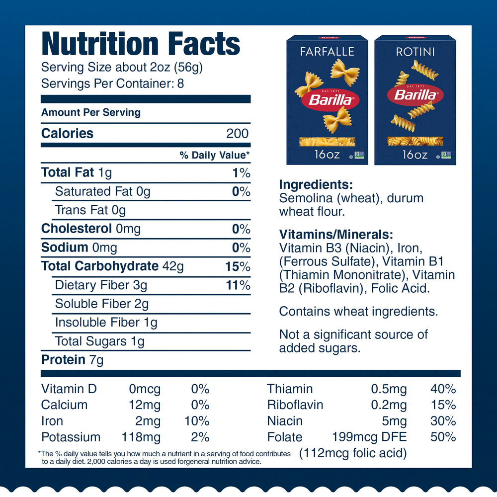 Barilla rotini pasta box front highlighting twist shape for sauces.