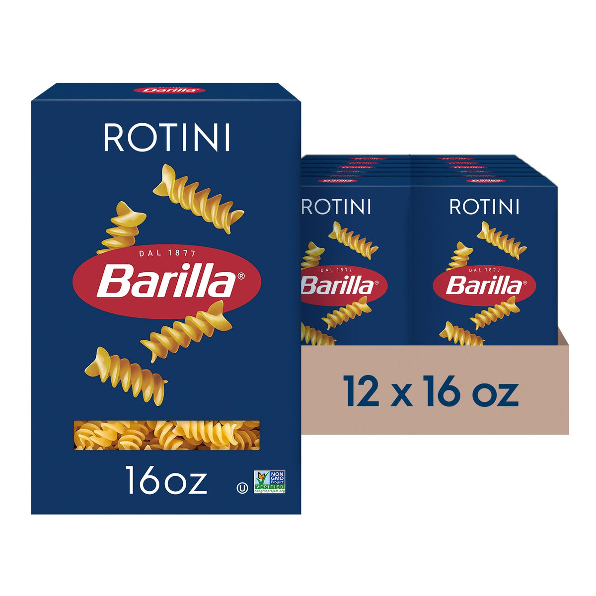 Barilla Rotini pasta box, 16 oz packaging, ideal for easy family meals.