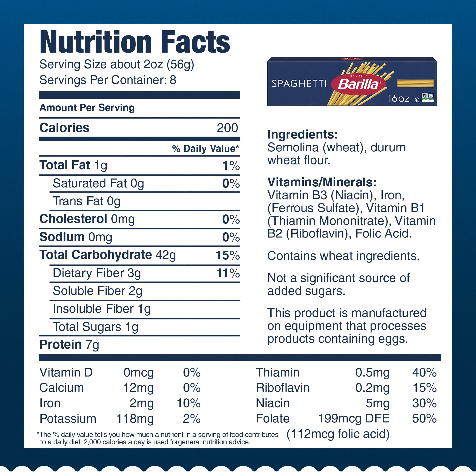 Barilla spaghetti pasta 16oz box back view, highlighting non-GMO and kosher status.
