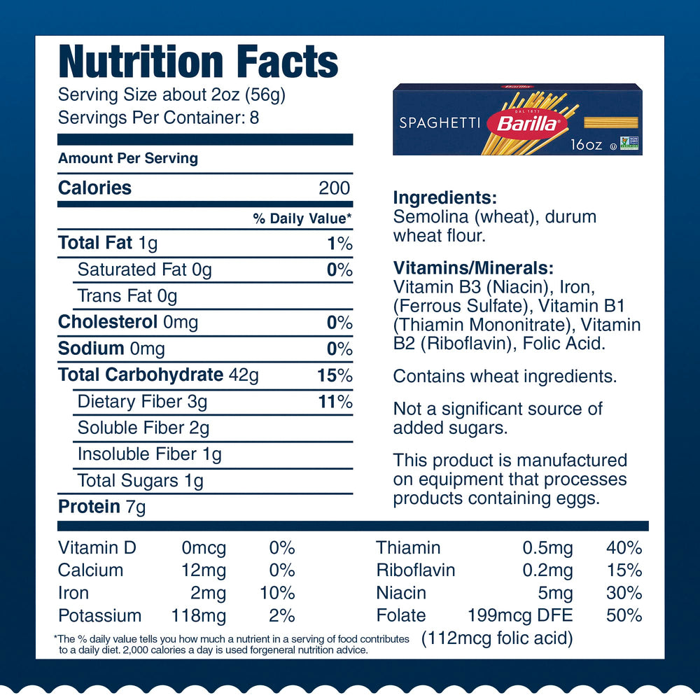 Barilla spaghetti pasta 16oz box back view, highlighting non-GMO and kosher status.