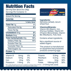 Barilla spaghetti pasta 16oz box back view, highlighting non-GMO and kosher status.