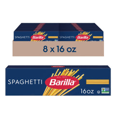 Barilla spaghetti pasta 16oz box front view, ready for quick weeknight dinners.