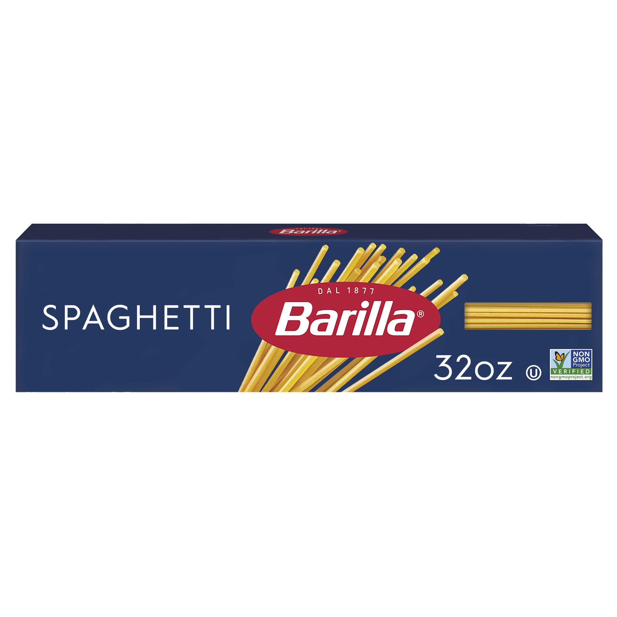 Barilla Spaghetti Pasta box front shows premium durum wheat and non-GMO quality.