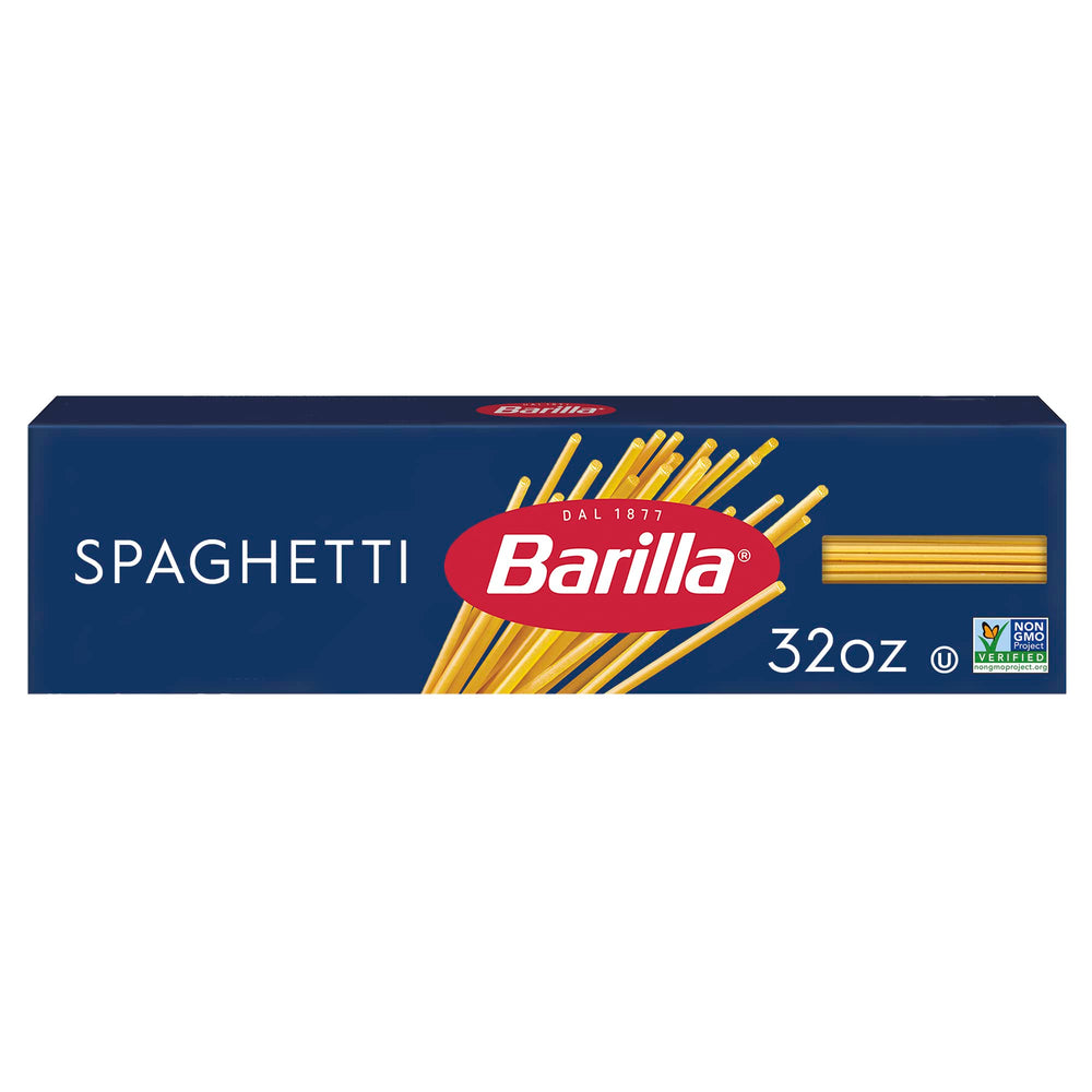 Barilla Spaghetti Pasta box front shows premium durum wheat and non-GMO quality.