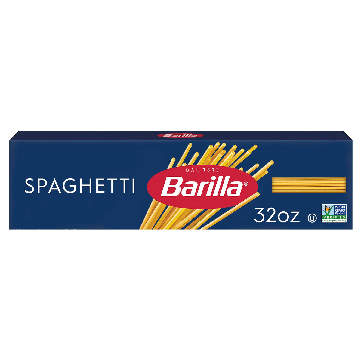 Barilla Spaghetti Pasta box front shows premium durum wheat and non-GMO quality.