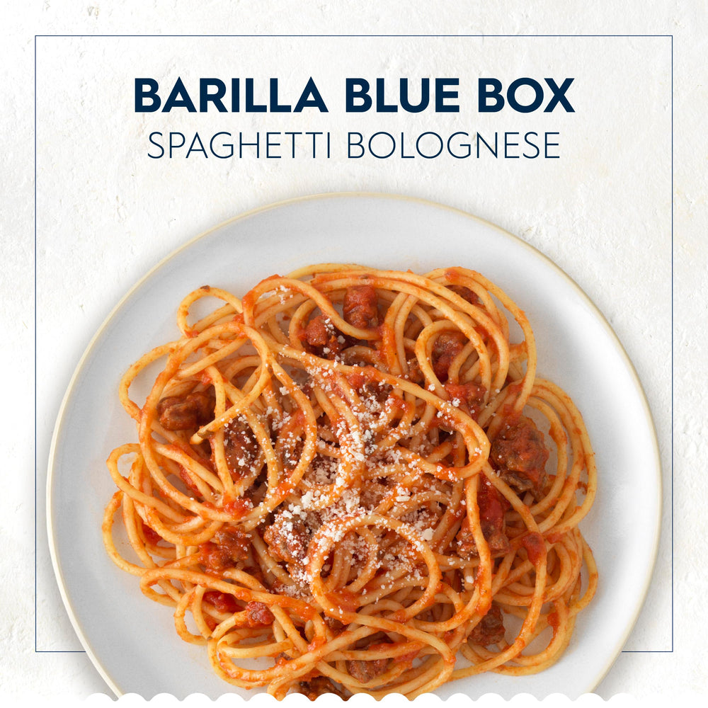 Barilla spaghetti pasta eight-pack on shelf for pantry stocking.
