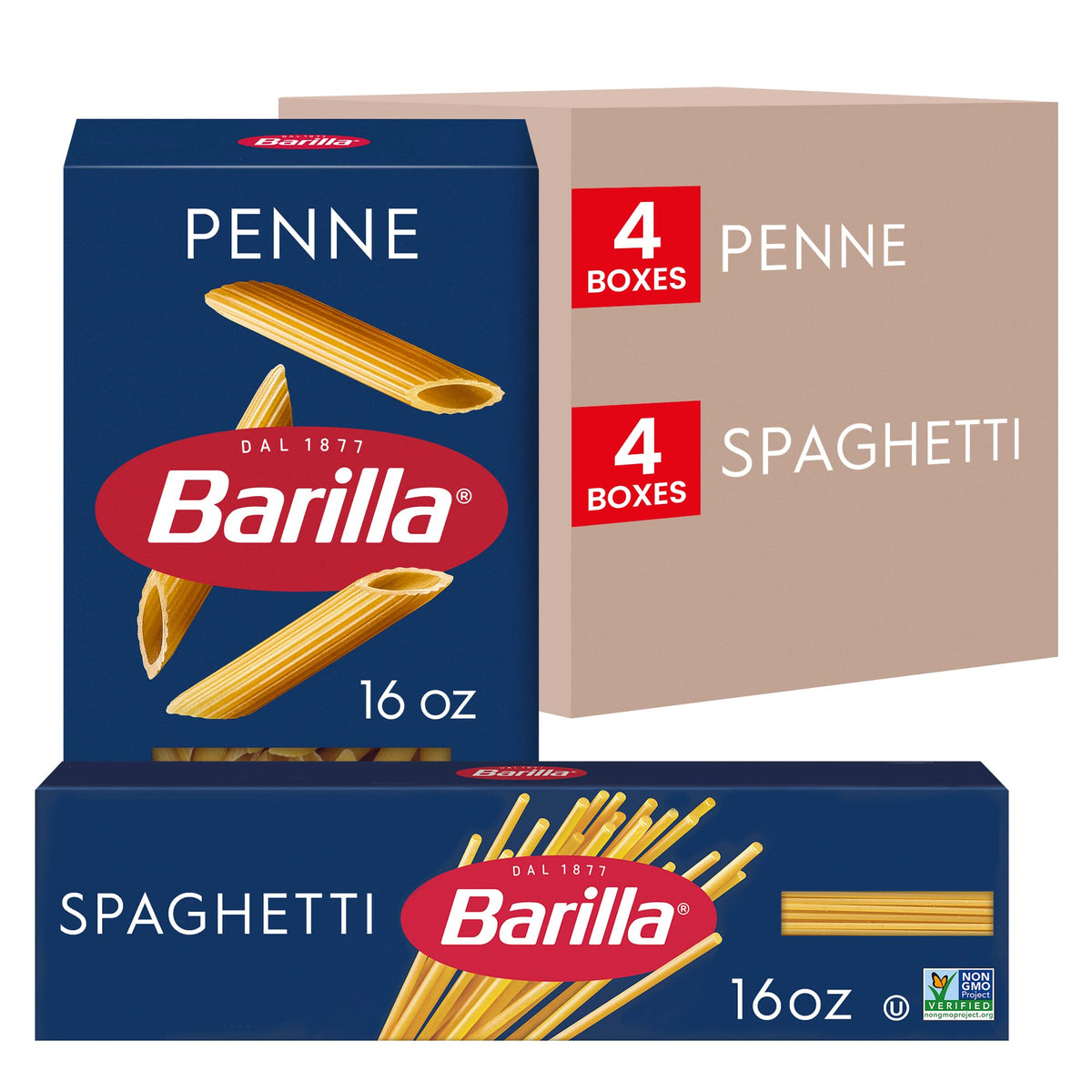 Barilla variety pack front box showing penne and spaghetti for family meals.