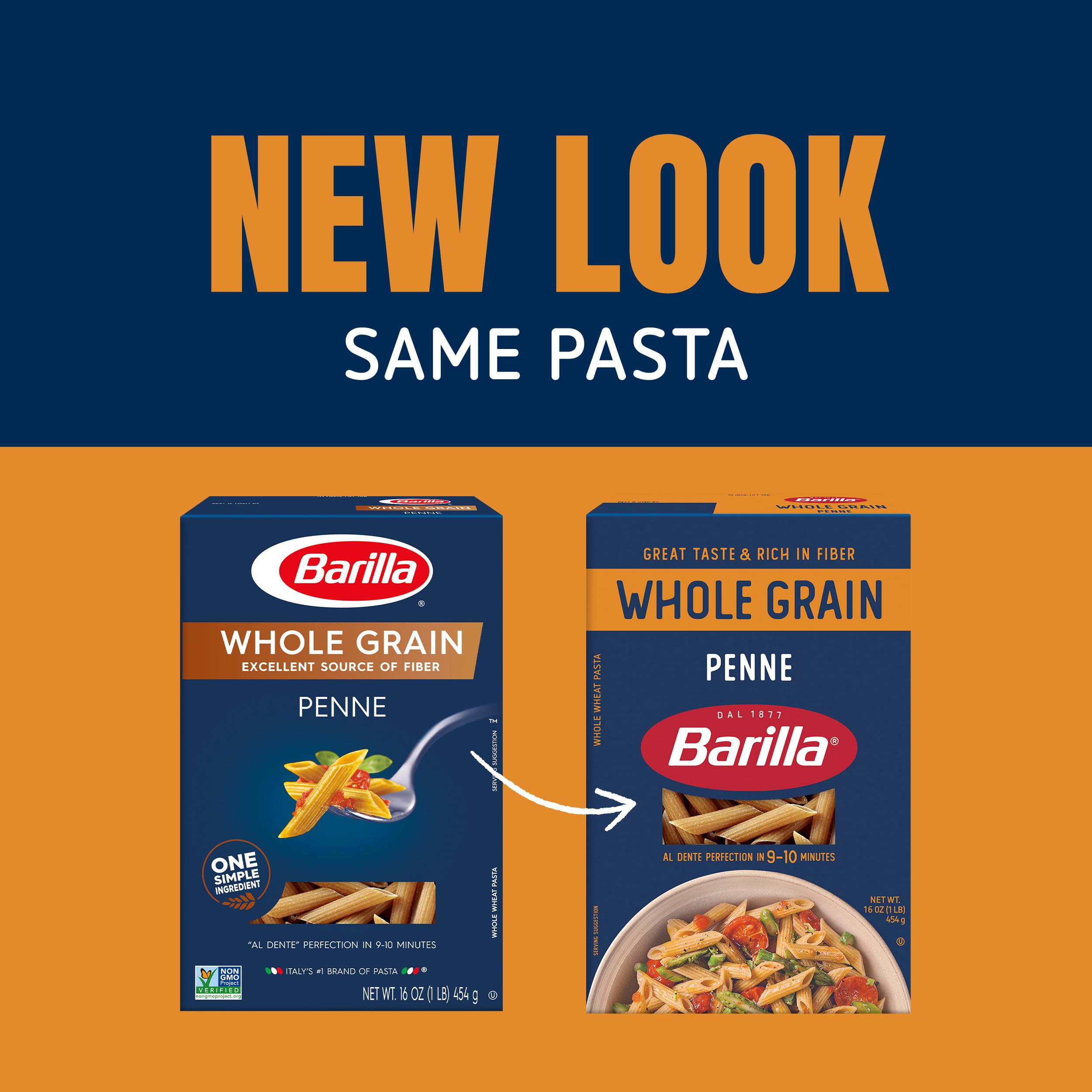 Barilla Whole Grain Penne cooked al dente, steaming with sauce ready plates