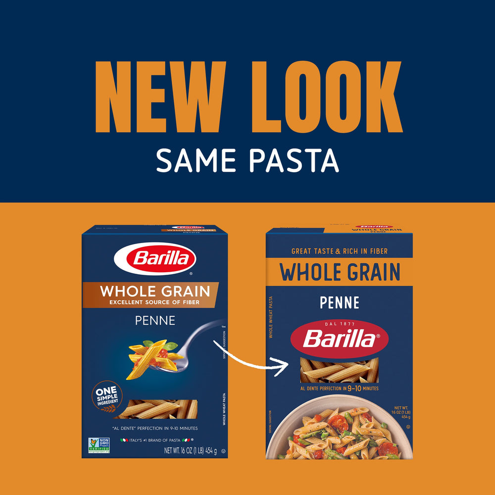 Barilla Whole Grain Penne cooked al dente, steaming with sauce ready plates
