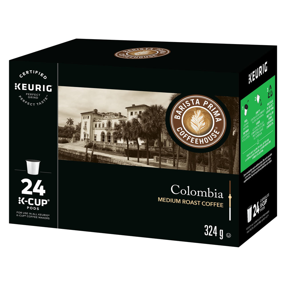 Barista Prima Colombia K-Cups brewed cup with steam, rich aroma.