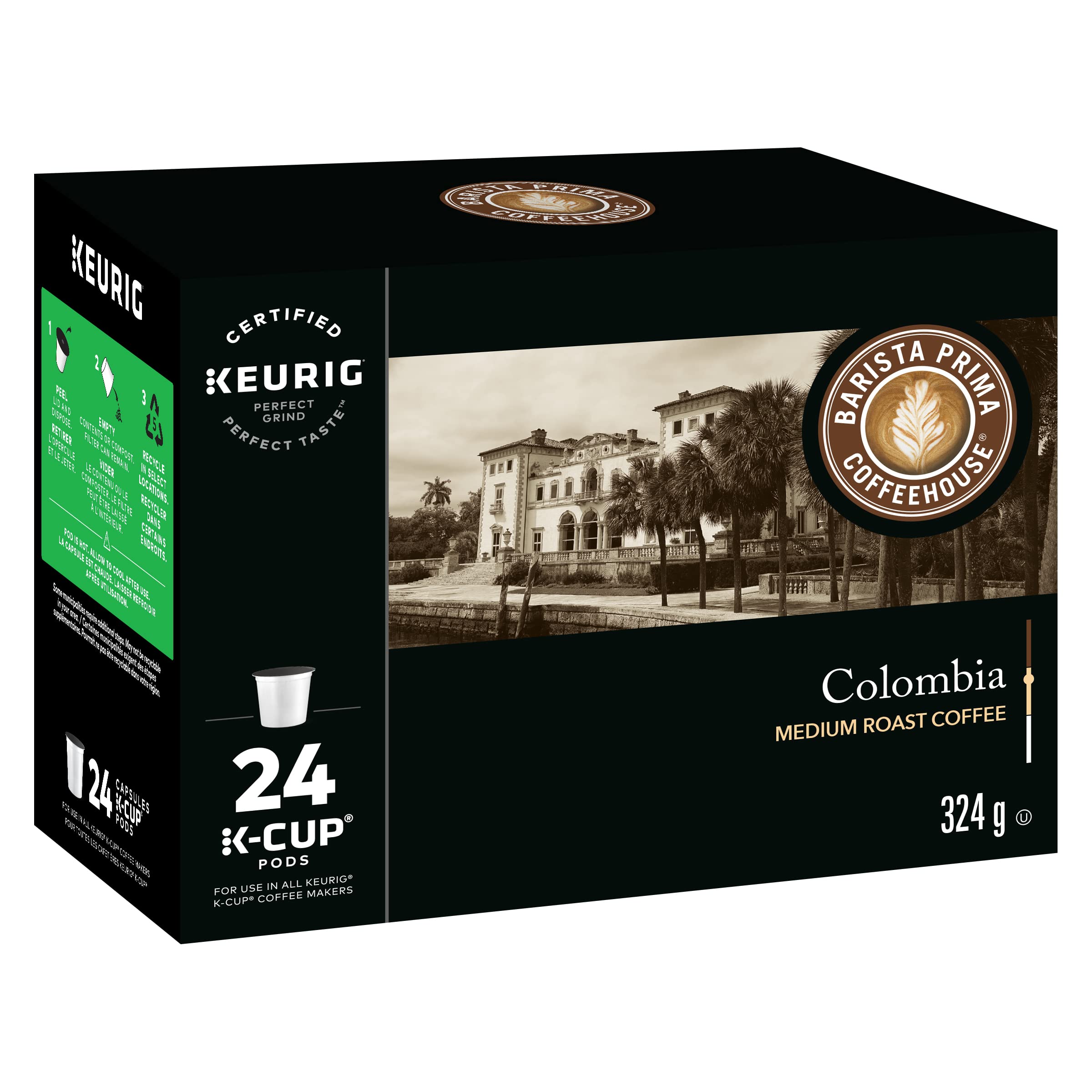 Barista Prima Colombia K-Cups closeup of beans, premium Arabica flavor.