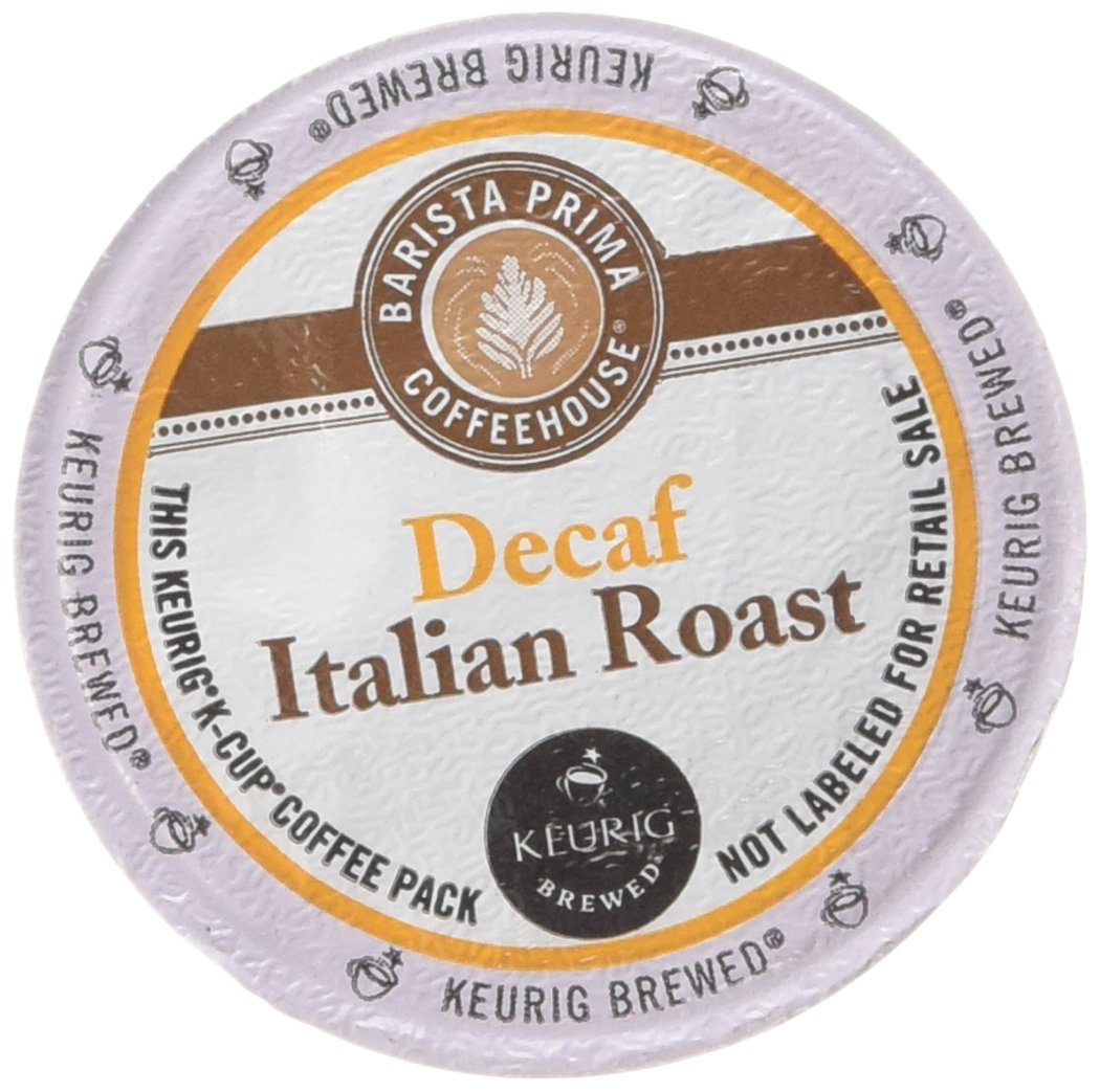 Barista Prima Decaf Italian Roast packaging closeup showing 48 K-Cups for easy brewing