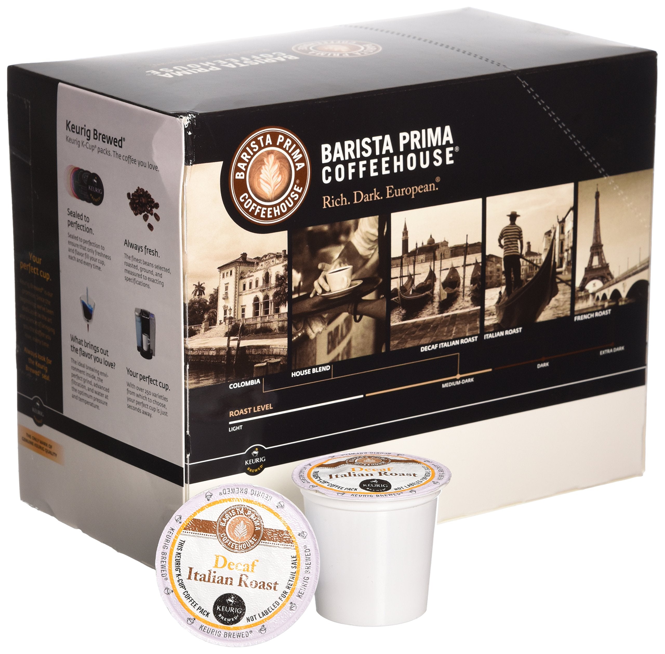 Barista Prima Decaf Italian Roast steaming cup with dark roast aroma