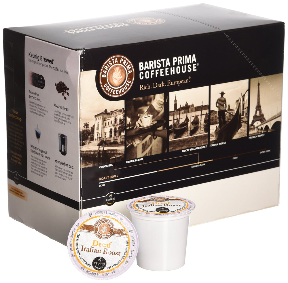 Barista Prima Decaf Italian Roast steaming cup with dark roast aroma