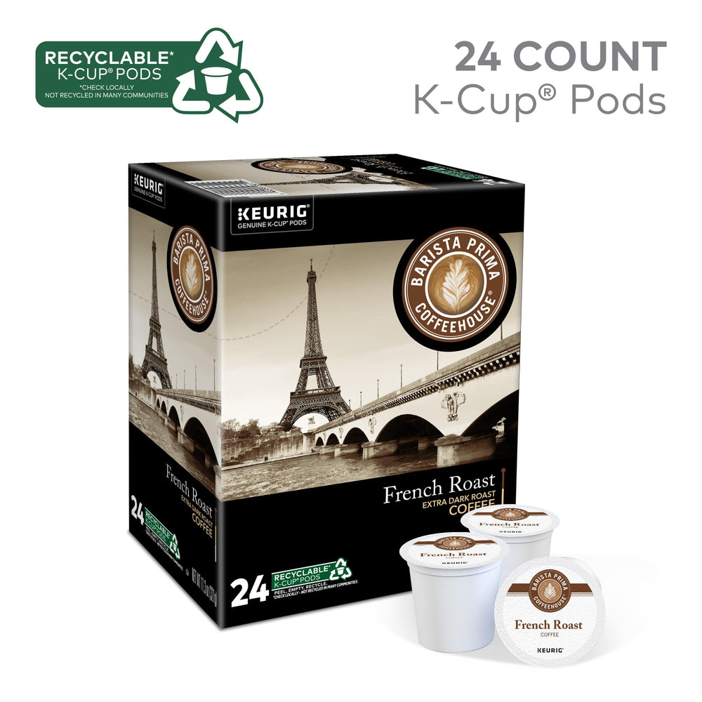 Barista Prima French Roast K-Cup pod in cup delivering smoky, rich flavor