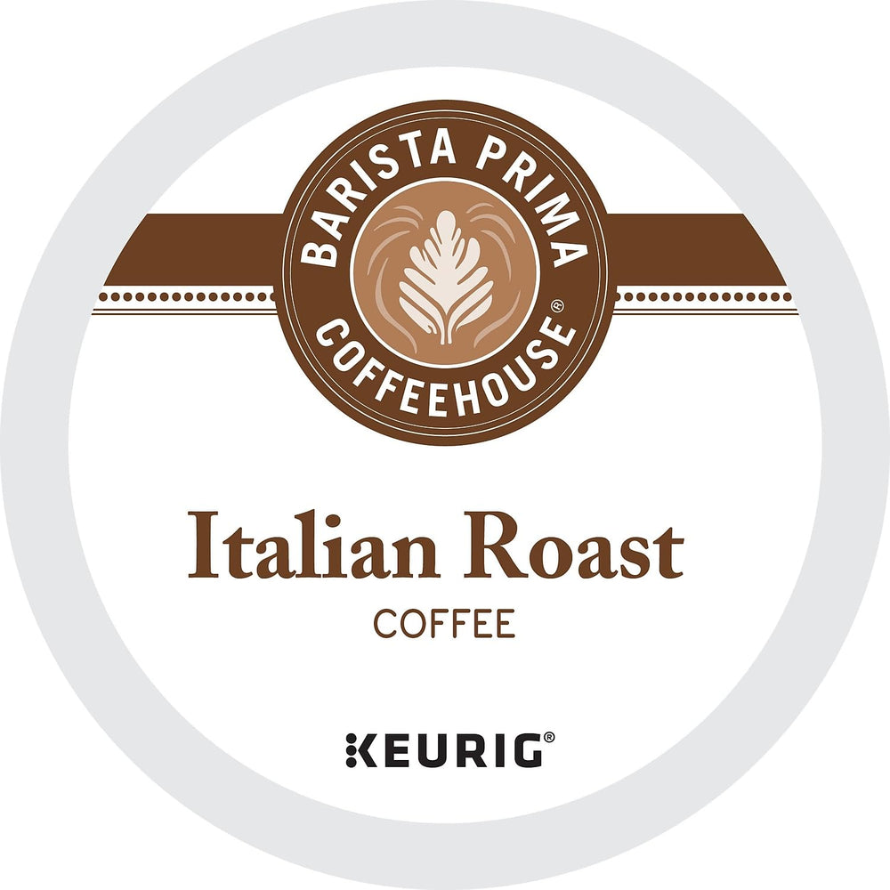 Barista Prima Italian Roast brewing in Keurig image shows convenient 96-count pods for busy mornings.