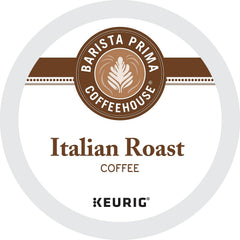 Barista Prima Italian Roast brewing in Keurig image shows convenient 96-count pods for busy mornings.